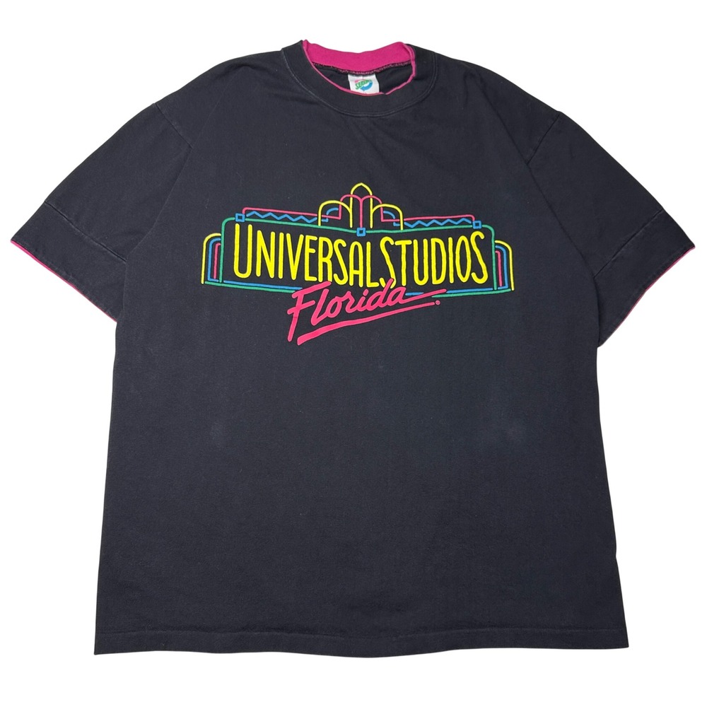 Vintage Universal Studios Florida Shirt Large Black‎ Pink Sleeves Made In USA